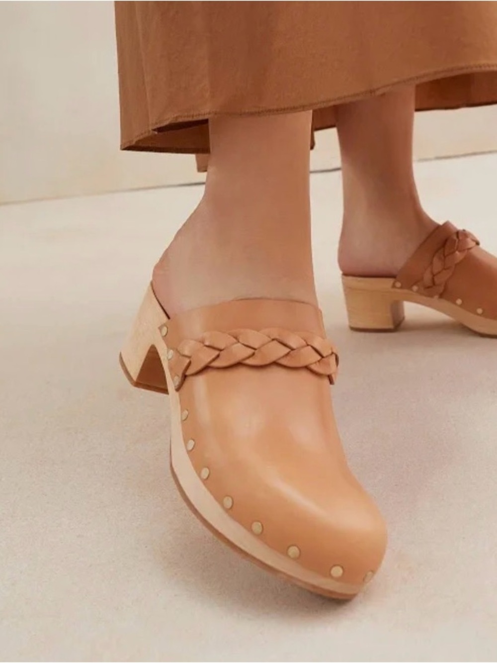 Loeffler Randall Lupa braided leather clogs in honey. Tan Leather Boho Clog Mule - Picture 3 of 11